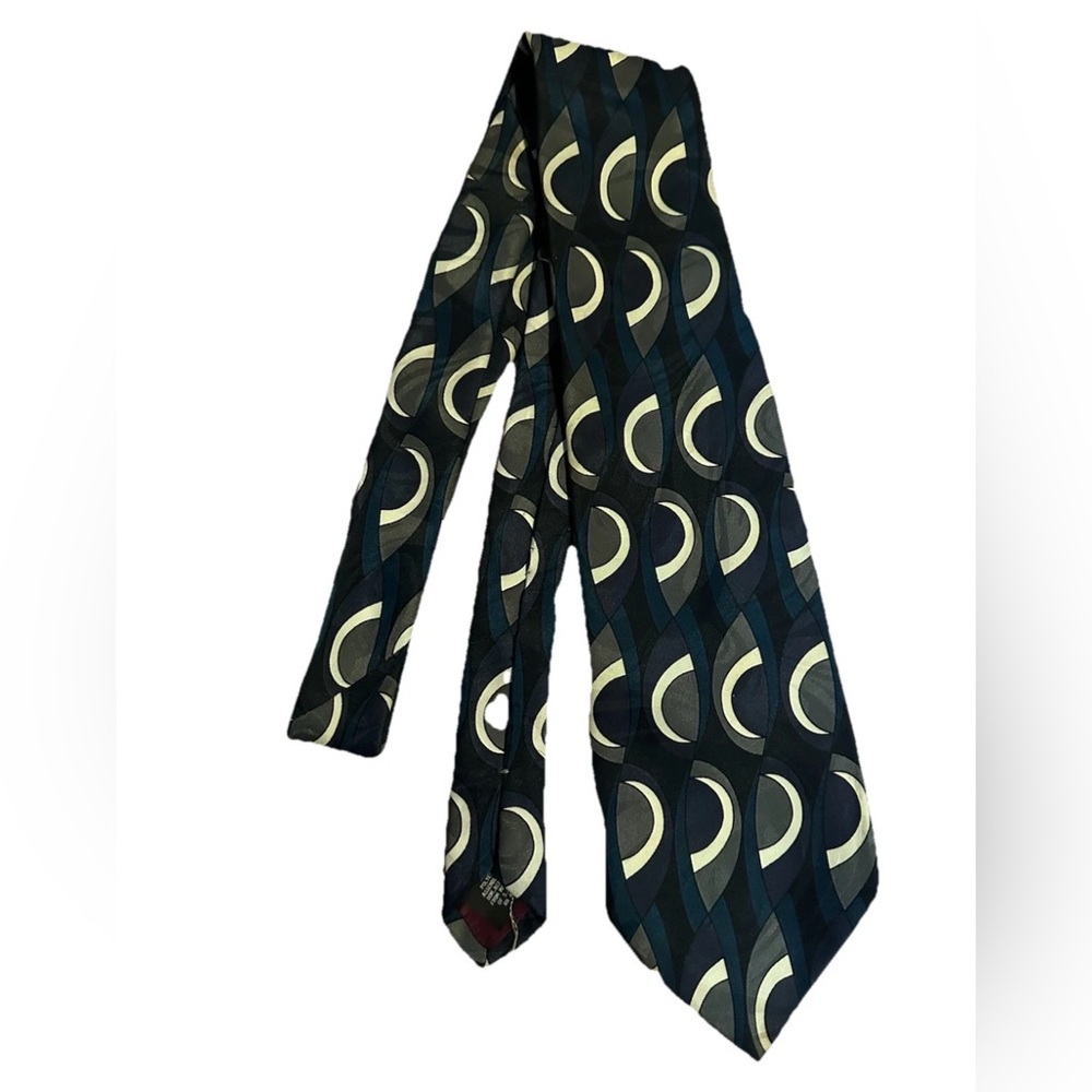 Vintage OLEG CASSINI Black Teal White Gray GEOMETRIC Tie 4” Wide 55” Long Retro